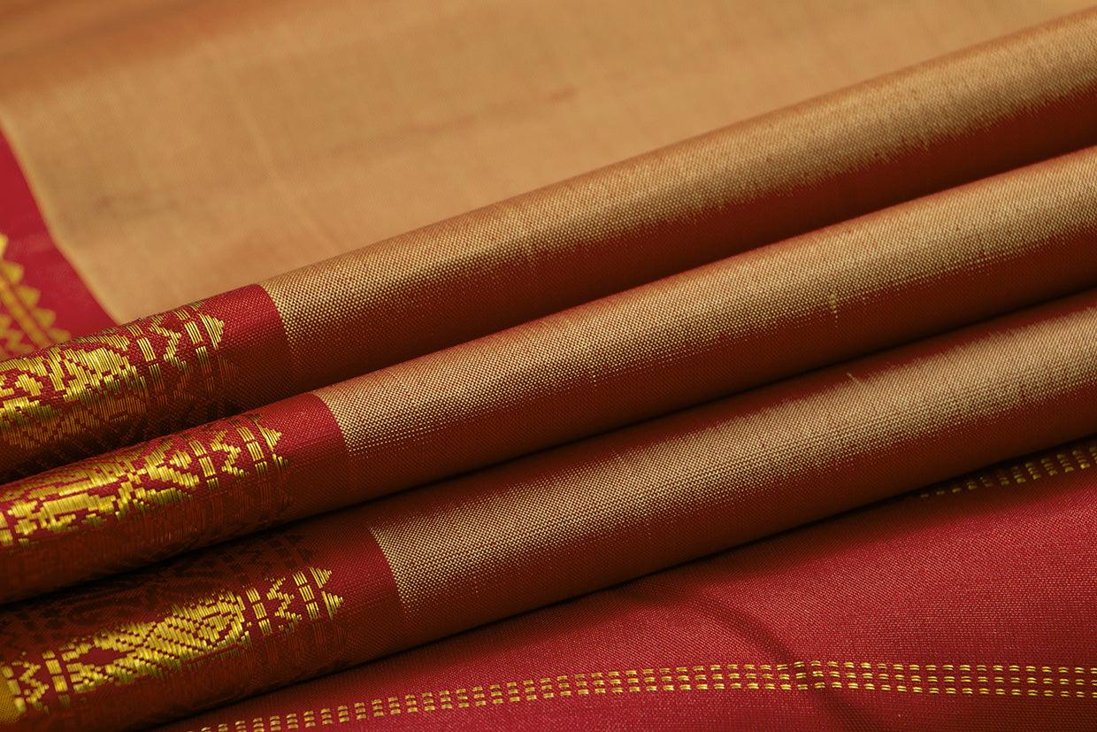 Beige And Maroon Kanchipuram Silk Saree With Short Border Handwoven Pure Silk For Festive Wear PV J 455 - Silk Sari - Panjavarnam