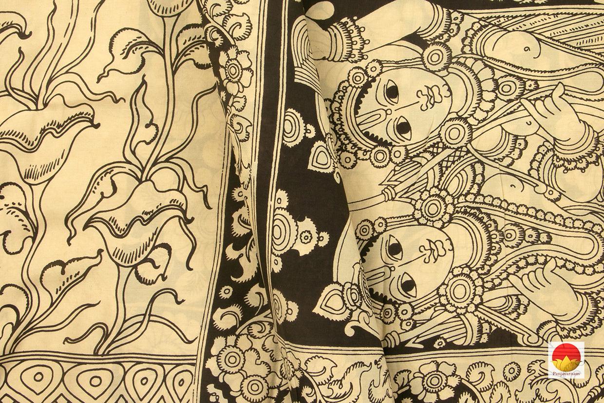 Beige And Monochrome Handpainted Kalamkari Saree Organic Dyes PKM 551 - Kalamkari Silk - Panjavarnam
