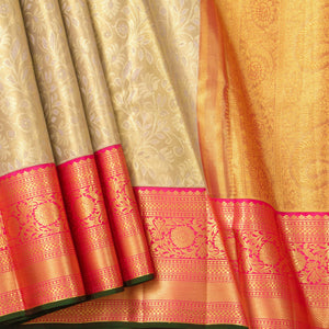 Beige And Pink Kanjivaram Tissue Silk Saree With Medium Border For Bridal Wear PV NYC 1150 - Silk Sari - Panjavarnam PV NYC 1150