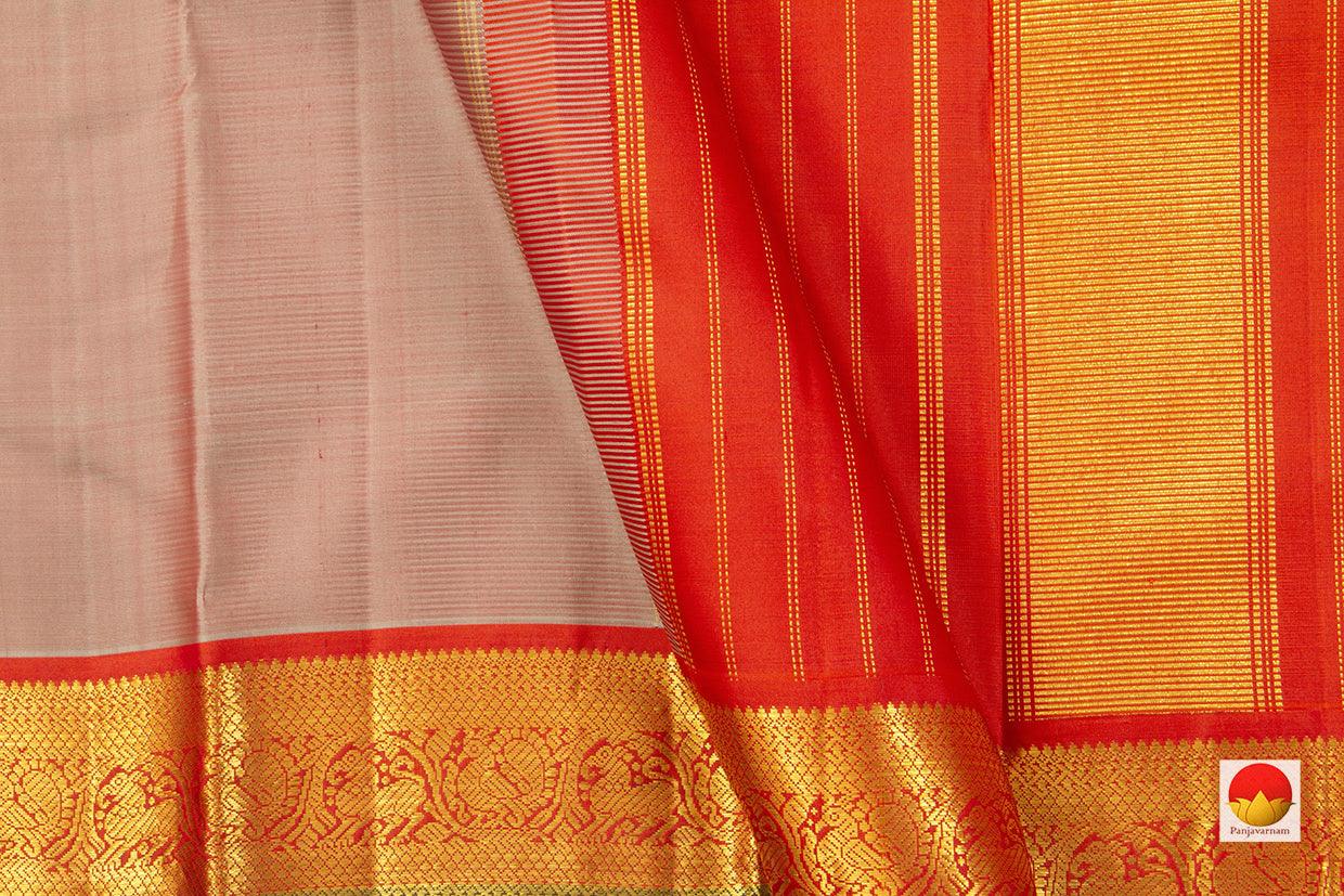Beige And Red Kanchipuram Silk Saree With Medium Border Handwoven Pure Silk For Festive Wear PV J 222 - Silk Sari - Panjavarnam