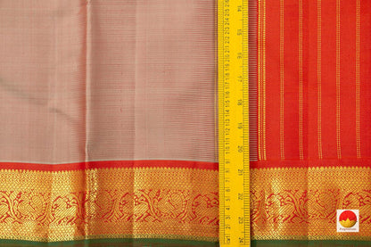 Beige And Red Kanchipuram Silk Saree With Medium Border Handwoven Pure Silk For Festive Wear PV J 222 - Silk Sari - Panjavarnam