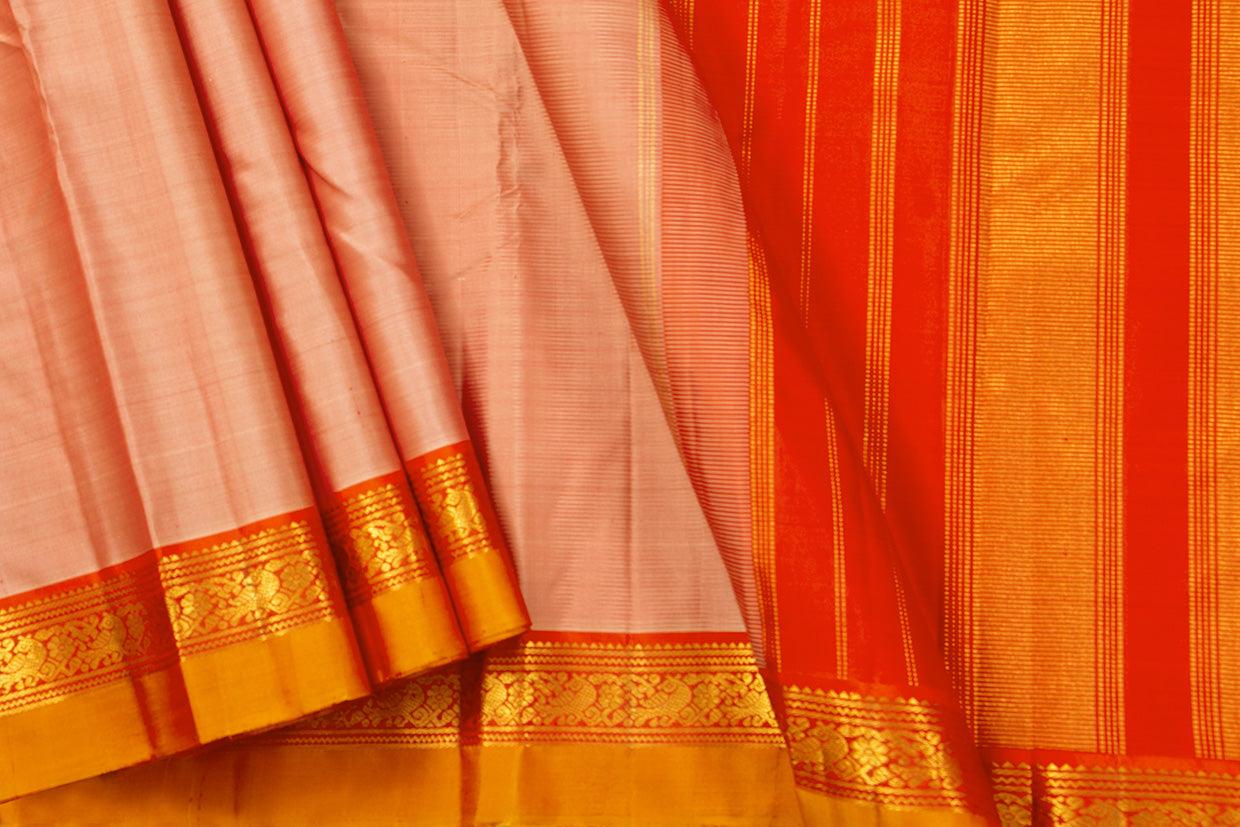 Beige And Red Kanchipuram Silk Saree With Medium Border Handwoven Pure Silk For Festive Wear PV J 435 - Silk Sari - Panjavarnam PV J 435