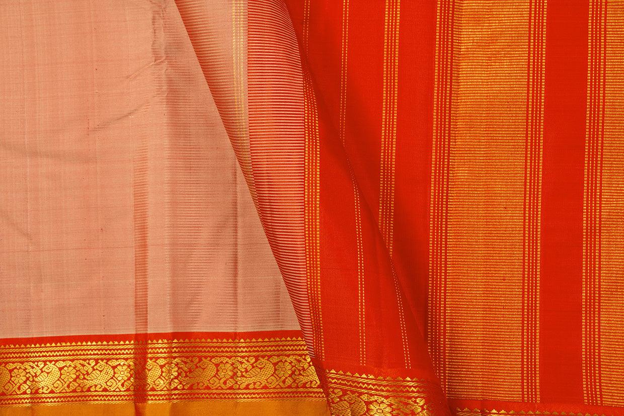 Beige And Red Kanchipuram Silk Saree With Medium Border Handwoven Pure Silk For Festive Wear PV J 435 - Silk Sari - Panjavarnam PV J 435