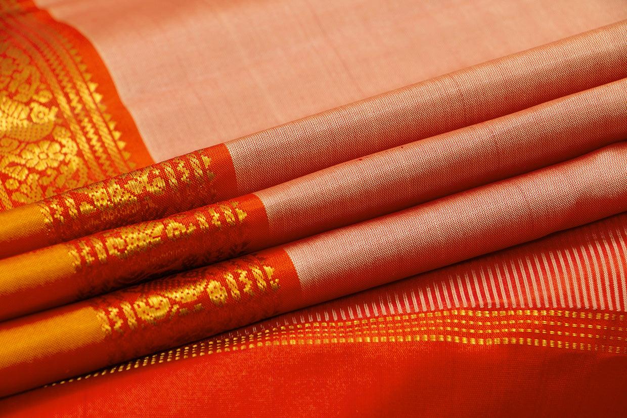 Beige And Red Kanchipuram Silk Saree With Medium Border Handwoven Pure Silk For Festive Wear PV J 435 - Silk Sari - Panjavarnam PV J 435