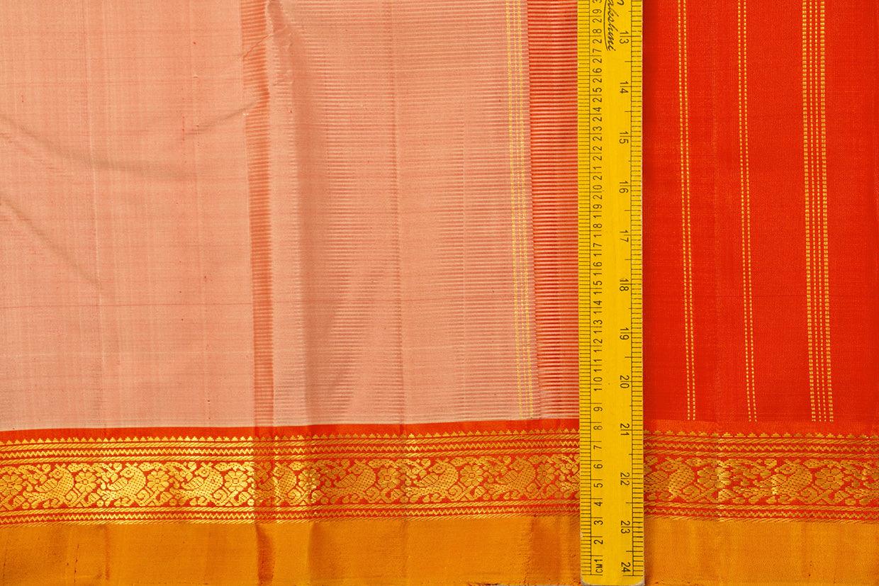 Beige And Red Kanchipuram Silk Saree With Medium Border Handwoven Pure Silk For Festive Wear PV J 435 - Silk Sari - Panjavarnam PV J 435