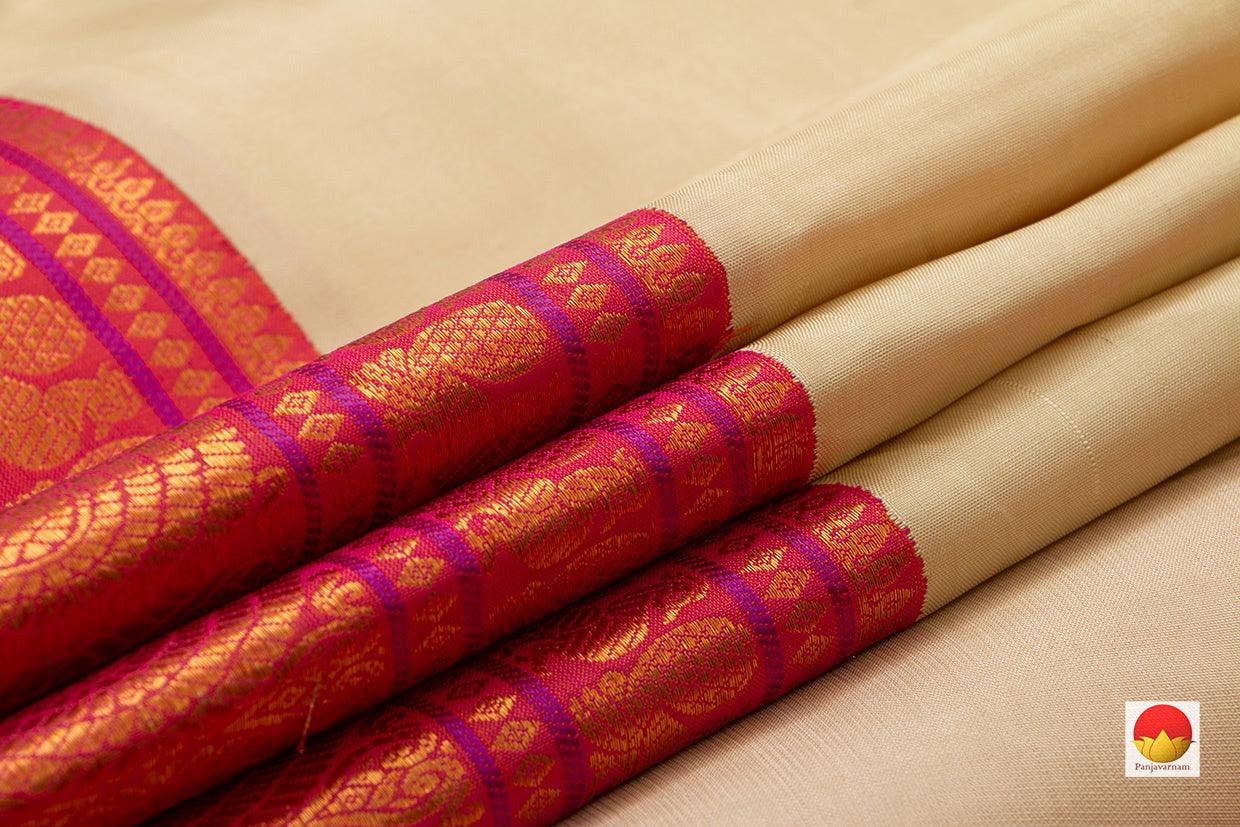 Beige Cream Kanchipuram Silk Saree With Orange Korvai Border Handwoven Pure Silk Pure Zari For Wedding Wear PV NYC 698 - Silk Sari - Panjavarnam
