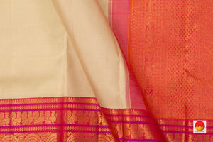 Beige Cream Kanchipuram Silk Saree With Orange Korvai Border Handwoven Pure Silk Pure Zari For Wedding Wear PV NYC 698 - Silk Sari - Panjavarnam PV NYC 698