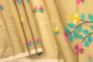 Beige Dhakai Jamdani Silk Saree Handwoven PV MJ 35 - Dhakai Jamdhani - Panjavarnam PV MJ 35