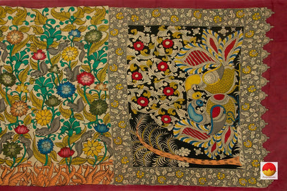 Beige Handpainted Kalamkari Saree With Forest Theme Organic Dyes For Office Wear PKM 559 - Kalamkari Silk - Panjavarnam
