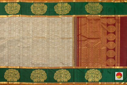 Beige Jacquard Kanchipuram Silk Saree With Green Korvai Border Handwoven Pure Silk Pure Zari For Weddings - PV J 7053 - Silk Sari - Panjavarnam