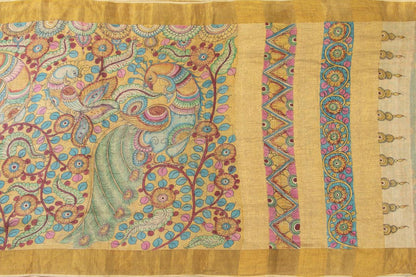 Beige Kalamkari Tussar Silk Saree Handpainted Floral And Peacock Patterns Organic Vegetable Dyes PT K VSR 111 - Kalamkari Silk - Panjavarnam