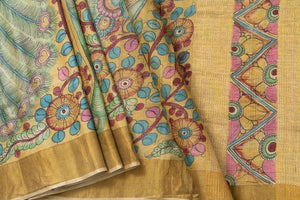 Beige Kalamkari Tussar Silk Saree Handpainted Floral And Peacock Patterns Organic Vegetable Dyes PT K VSR 111 - Kalamkari Silk - Panjavarnam PT K VSR 111