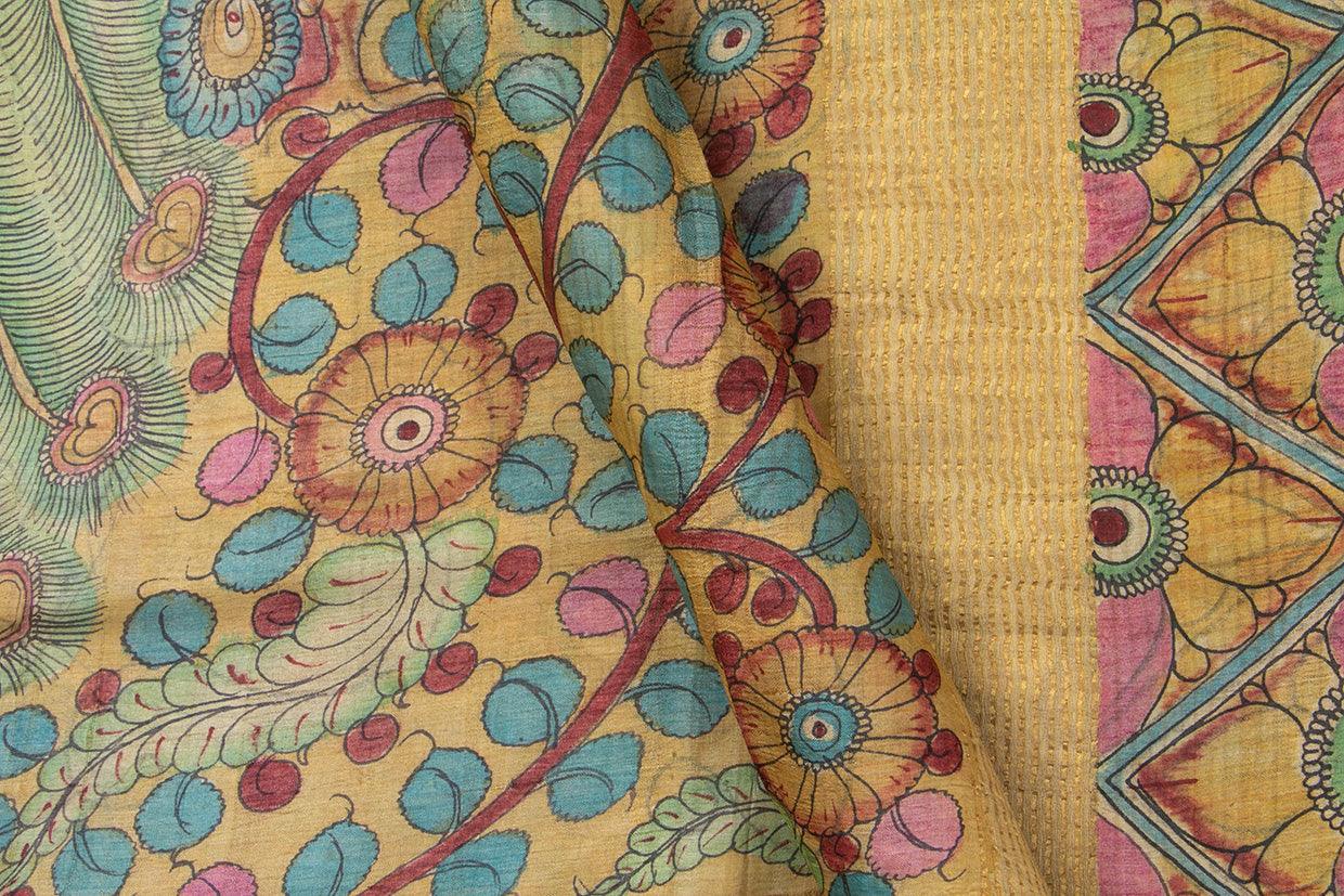 Beige Kalamkari Tussar Silk Saree Handpainted Floral And Peacock Patterns Organic Vegetable Dyes PT K VSR 111 - Kalamkari Silk - Panjavarnam PT K VSR 111