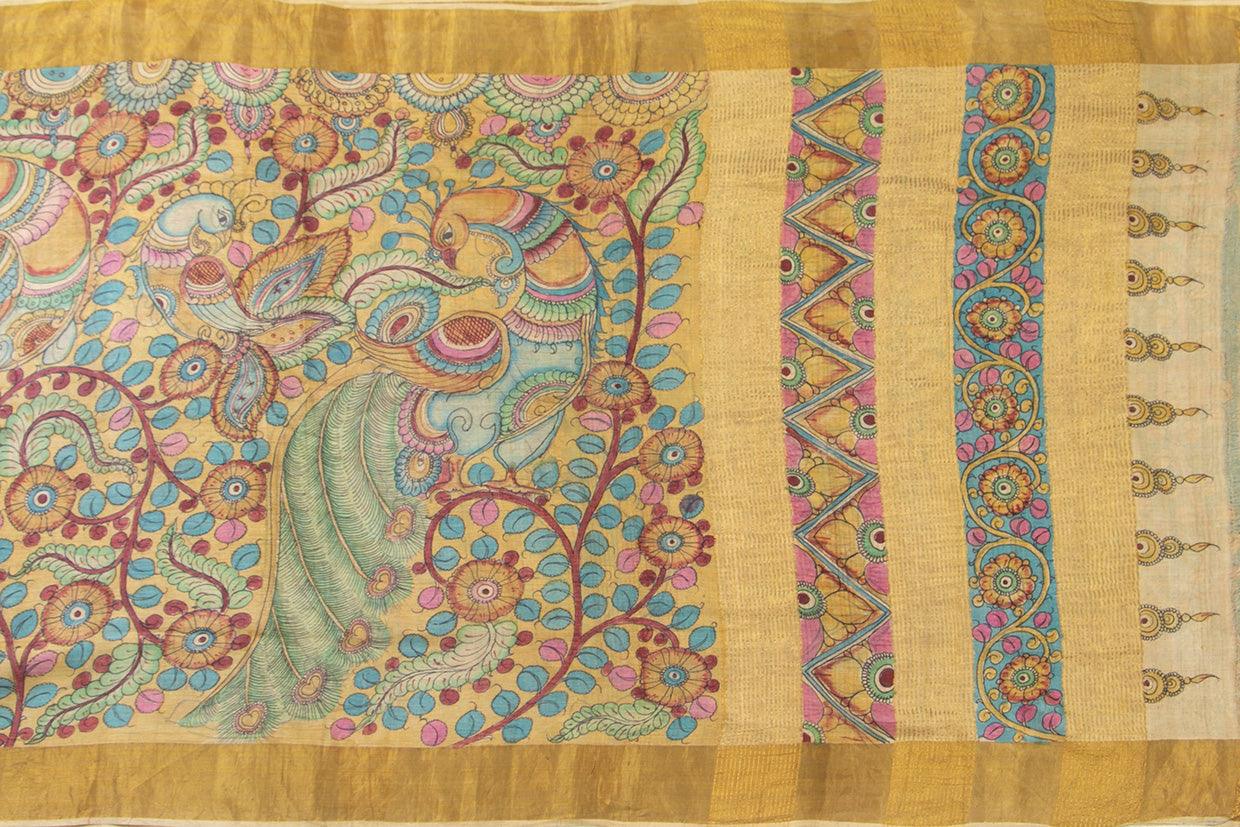 Beige Kalamkari Tussar Silk Saree Handpainted Floral And Peacock Patterns Organic Vegetable Dyes PT K VSR 111 - Kalamkari Silk - Panjavarnam PT K VSR 111