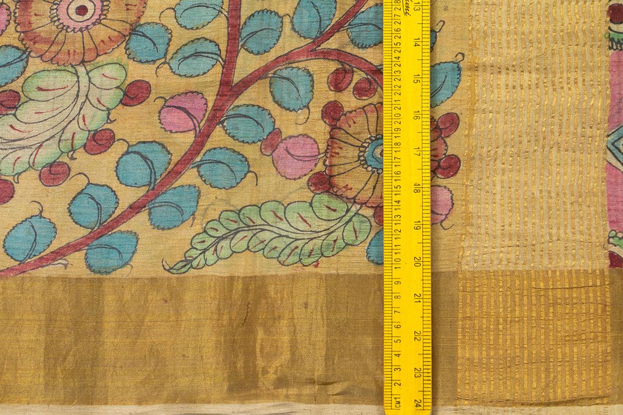 Beige Kalamkari Tussar Silk Saree Handpainted Floral And Peacock Patterns Organic Vegetable Dyes PT K VSR 111 - Kalamkari Silk - Panjavarnam PT K VSR 111