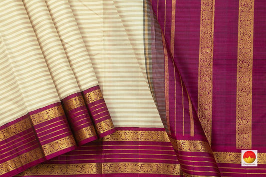 Beige Kanchipuram Silk Saree Magenta Korvai Border Handwoven Pure Silk Pure Zari For Weddings - PV J 7272 - Silk Sari - Panjavarnam