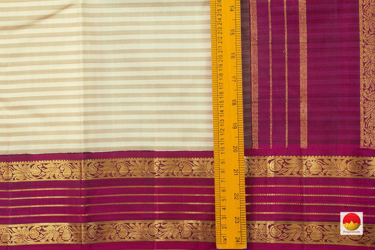 Beige Kanchipuram Silk Saree Magenta Korvai Border Handwoven Pure Silk Pure Zari For Weddings - PV J 7272 - Silk Sari - Panjavarnam