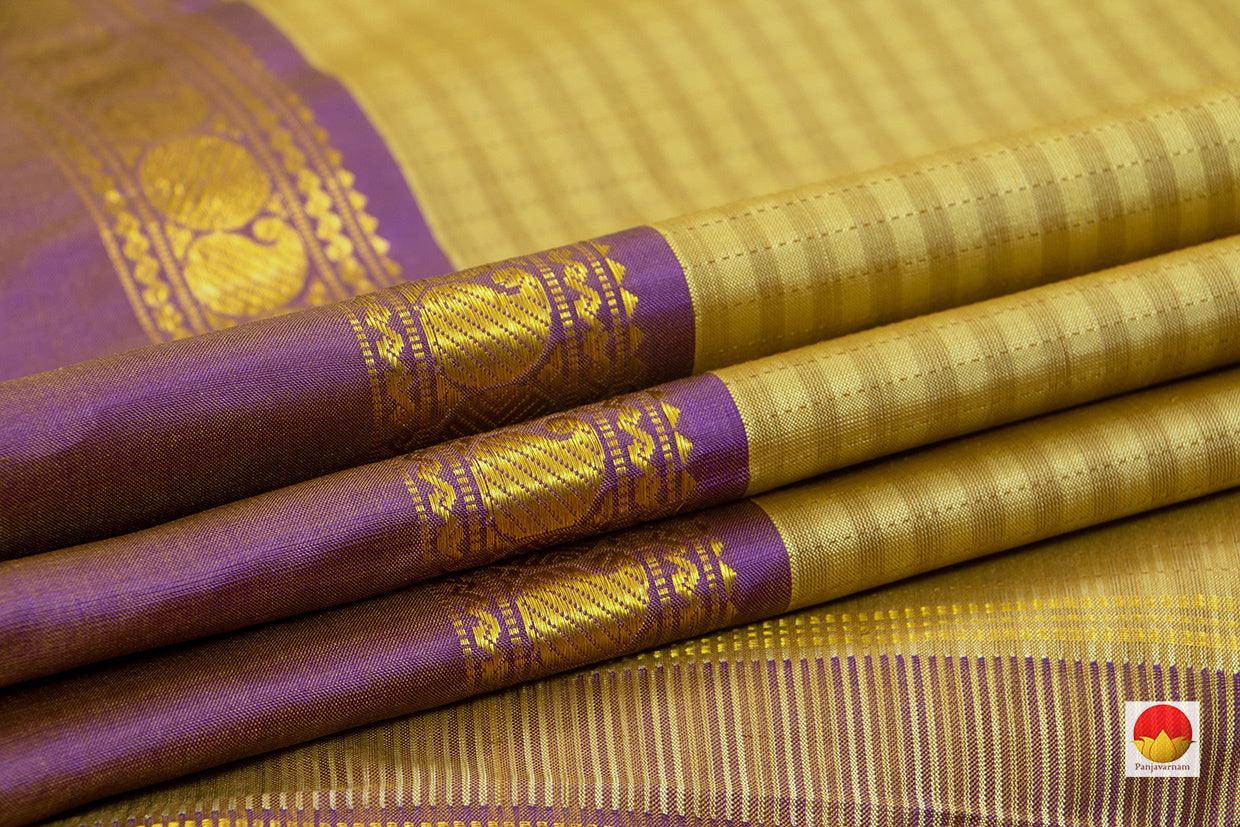 Beige Kanchipuram Silk Saree With Lavender Rettai Pettu Border Handwoven Pure Silk Pure Zari For Office Wear - PV J 7219 - Silk Sari - Panjavarnam