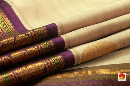 Beige Kanchipuram Silk Saree With Paisley Buttas and Magenta Korvai Border Handwoven Pure Silk and Pure Zari For Weddings- PV J 7270 - Silk Sari - Panjavarnam