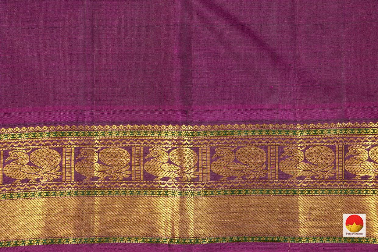 Beige Kanchipuram Silk Saree With Paisley Buttas and Magenta Korvai Border Handwoven Pure Silk and Pure Zari For Weddings- PV J 7270 - Silk Sari - Panjavarnam