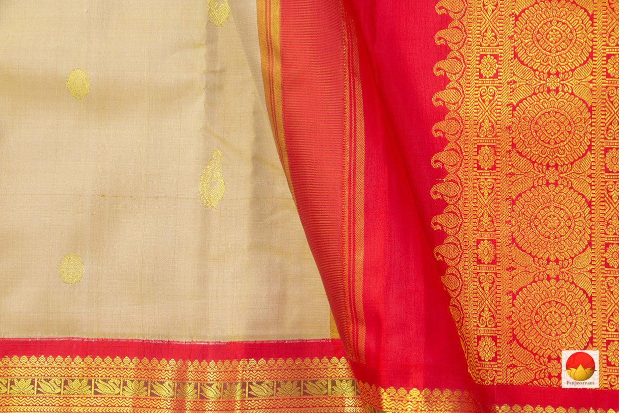 Beige Kanchipuram Silk Saree With Red Contrast Korvai Border Handwoven Pure Silk And Pure Zari - PV J 7267 - Silk Sari - Panjavarnam