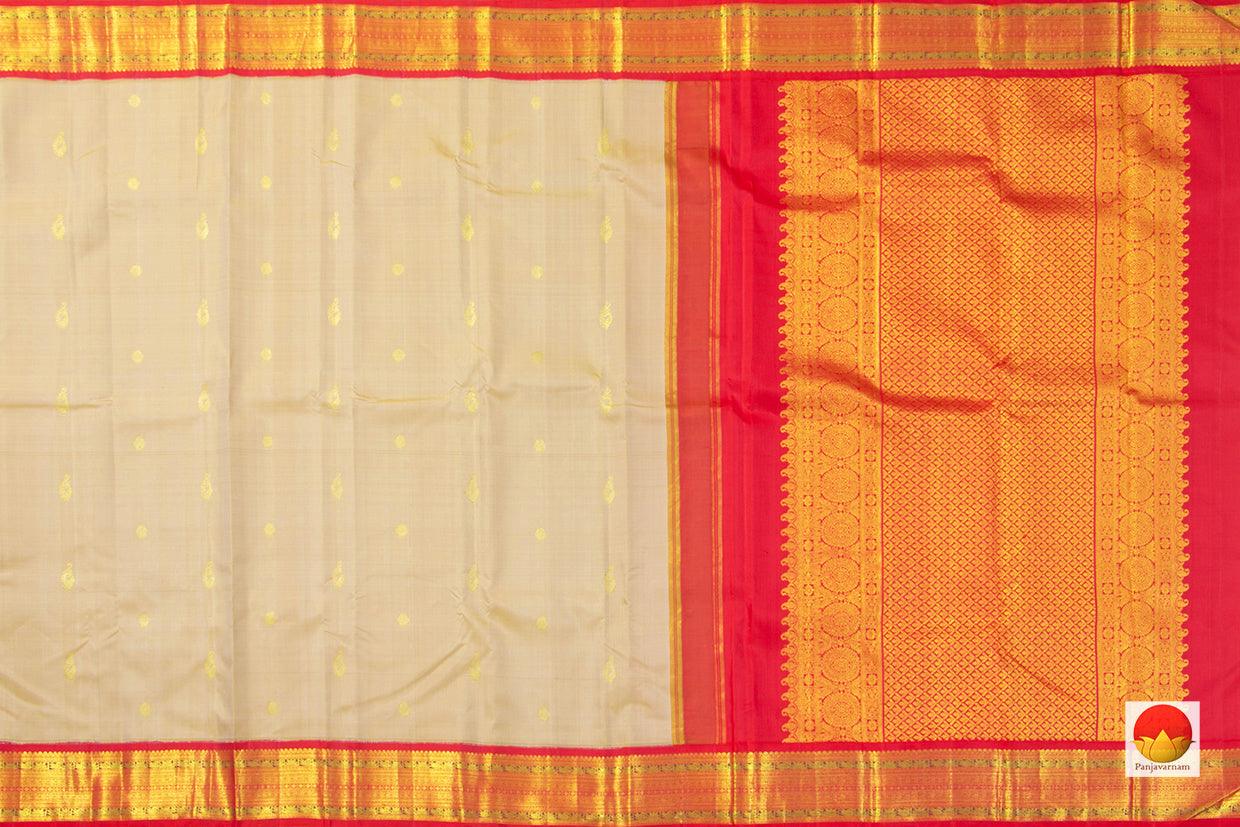 Beige Kanchipuram Silk Saree With Red Contrast Korvai Border Handwoven Pure Silk And Pure Zari - PV J 7267 - Silk Sari - Panjavarnam