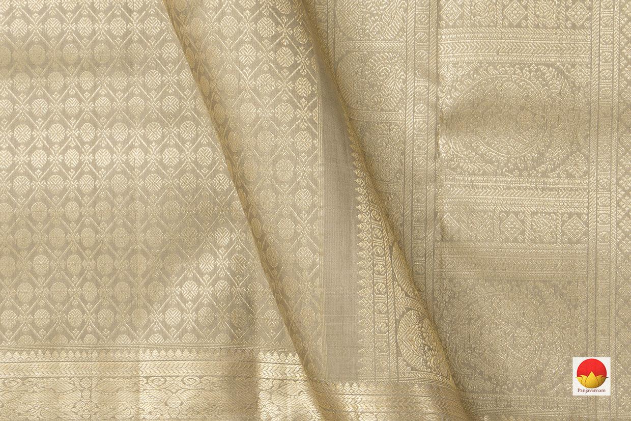 Beige Kanchipuram Silk Saree With Silver Pavun Motifs Handwoven Pure Silk Pure Zari For Bridal Wear PV NYC 960 - Silk Sari - Panjavarnam