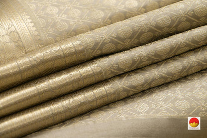 Beige Kanchipuram Silk Saree With Silver Pavun Motifs Handwoven Pure Silk Pure Zari For Bridal Wear PV NYC 960 - Silk Sari - Panjavarnam