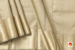 Beige Kanchipuram Silk Saree With Silver Pavun Motifs Handwoven Pure Silk Pure Zari For Bridal Wear PV NYC 960 - Silk Sari - Panjavarnam PV NYC 960