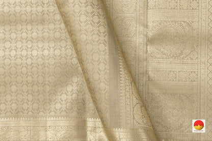 Beige Kanchipuram Silk Saree With Silver Pavun Motifs Handwoven Pure Silk Pure Zari For Bridal Wear PV NYC 960 - Silk Sari - Panjavarnam PV NYC 960