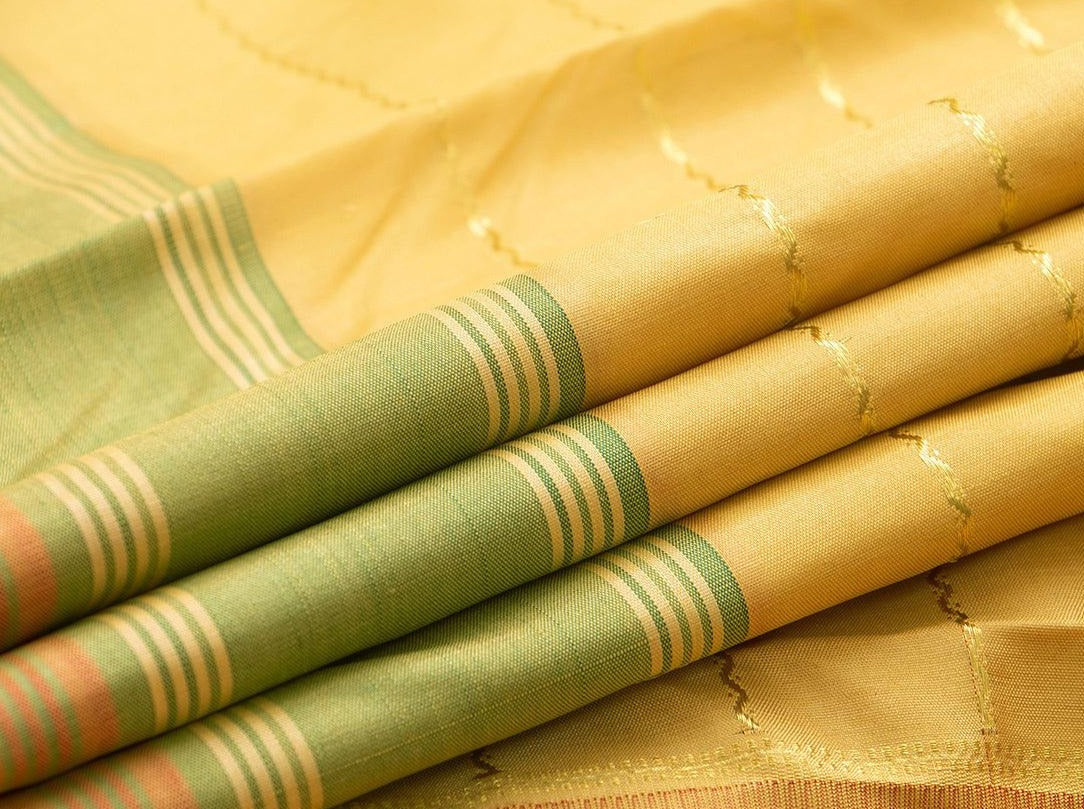 Beige Kanchipuram Silk Saree With Veldhari Stripes Handwoven Pure Silk Pure Zari For Festive Wear PV ABI 1227 - Silk Sari - Panjavarnam PV ABI 1227