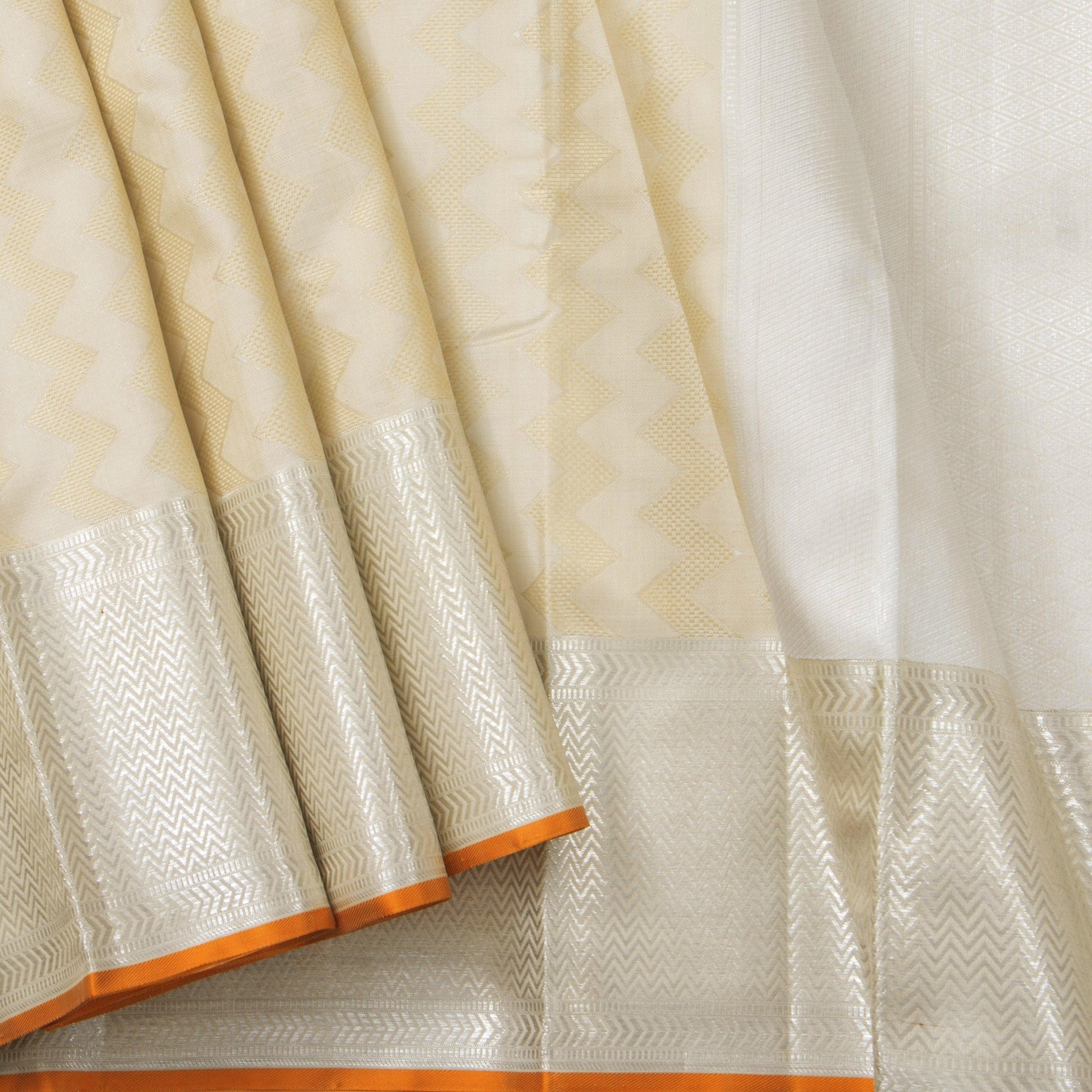 Beige Kanjivaram Silk Saree With Silver And Gold Zari For Wedding Wear PV NYC 1179 - Silk Sari - Panjavarnam PV NYC 1179