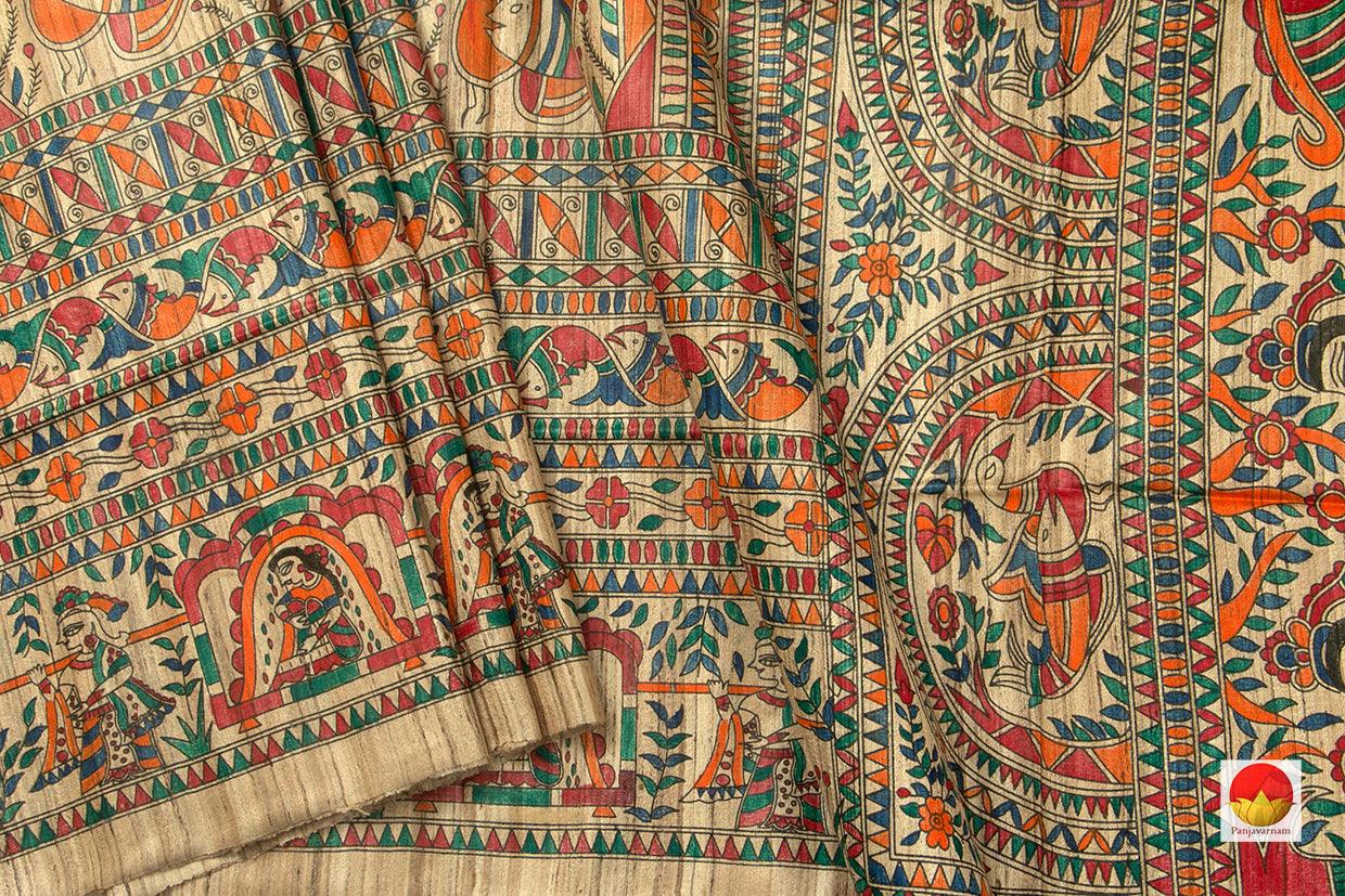 Beige Pure Tussar Silk Saree Light Weight With Madhubani Print Handwoven For Office Wear PT 736 - Tussar Silk - Panjavarnam PT 736