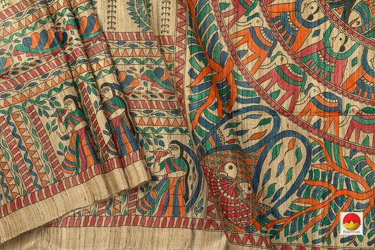Beige Pure Tussar Silk Saree With Madhubani Print Handwoven For Casual Wear PT 733 - Tussar Silk - Panjavarnam