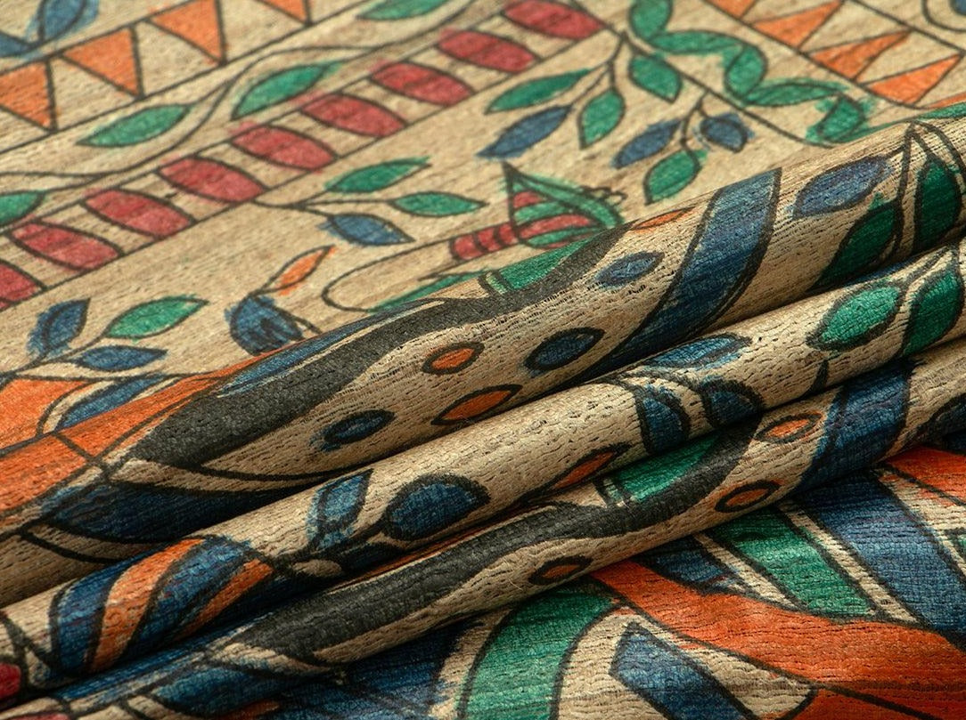 Beige Pure Tussar Silk Saree With Madhubani Print Handwoven For Casual Wear PT 733 - Tussar Silk - Panjavarnam