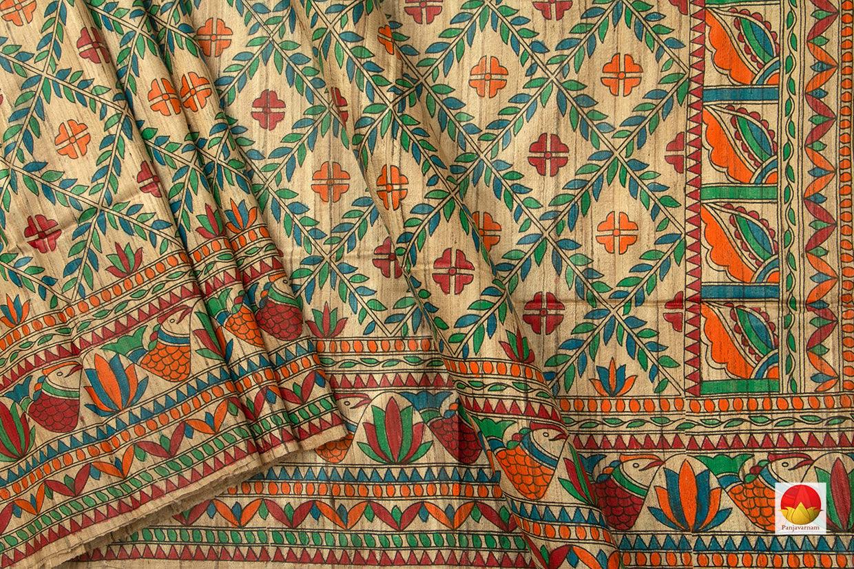 Beige Pure Tussar Silk Saree With Madhubani Print Handwoven For Office Wear PT 737 - Tussar Silk - Panjavarnam PT 737