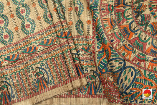 Beige Pure Tussar Silk Saree With Madhubani Print Handwoven Light Weight For Office Wear PT 734 - Tussar Silk - Panjavarnam