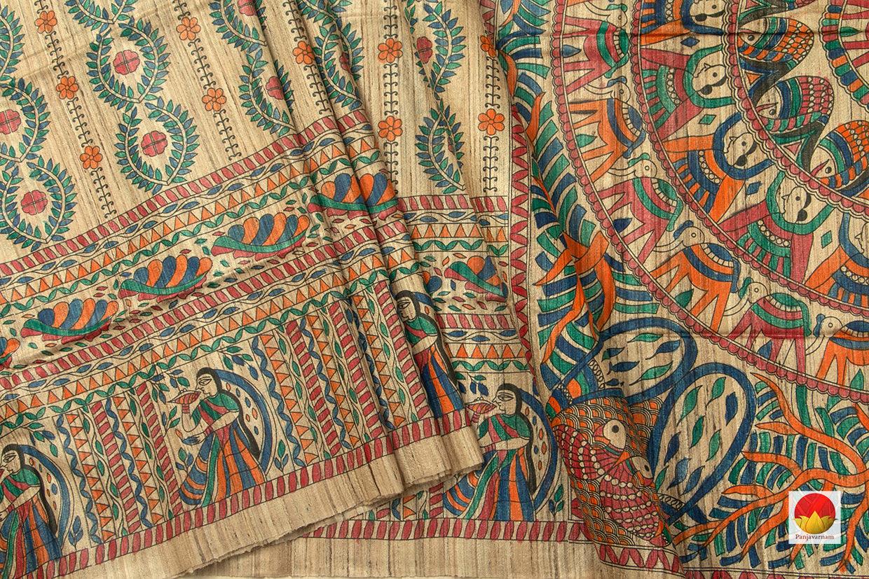 Beige Pure Tussar Silk Saree With Madhubani Print Handwoven Light Weight For Office Wear PT 734 - Tussar Silk - Panjavarnam PT 734