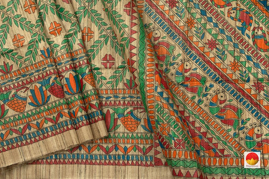 Beige Pure Tussar Silk Saree With Madhubani Print Light Weight Handwoven For Office Wear PT 735 - Tussar Silk - Panjavarnam