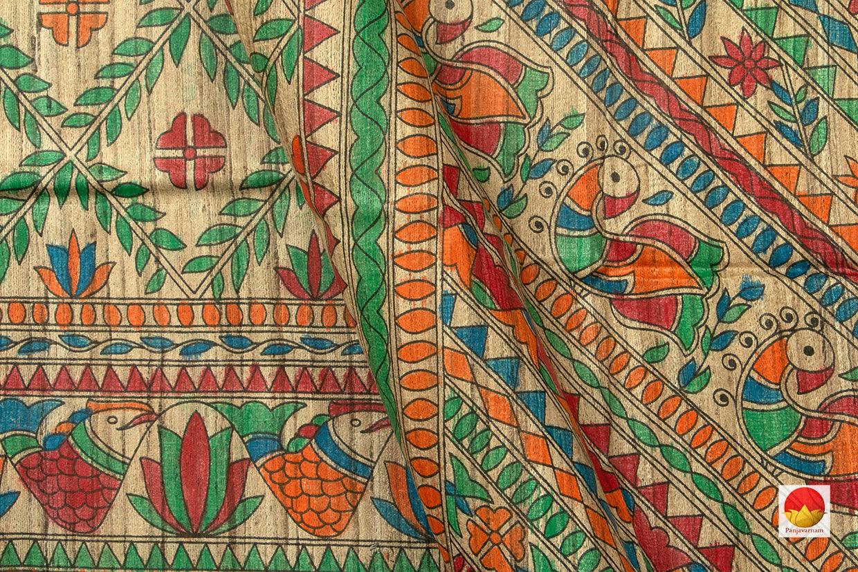 Beige Pure Tussar Silk Saree With Madhubani Print Light Weight Handwoven For Office Wear PT 735 - Tussar Silk - Panjavarnam PT 735