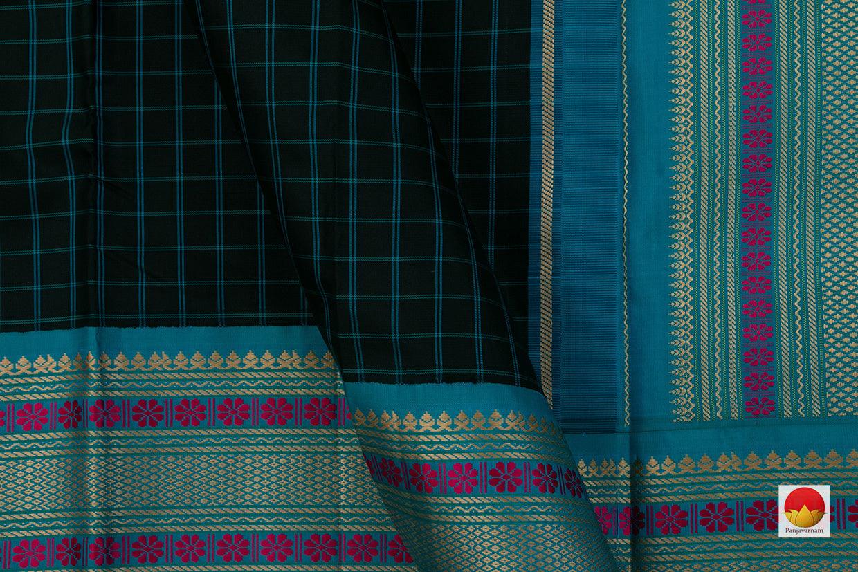 Black And Ananda Blue Kanchipuram Silk Saree Handwoven Pure Silk No Zari For Office Wear PV RM NZ 430 - Silk Sari - Panjavarnam