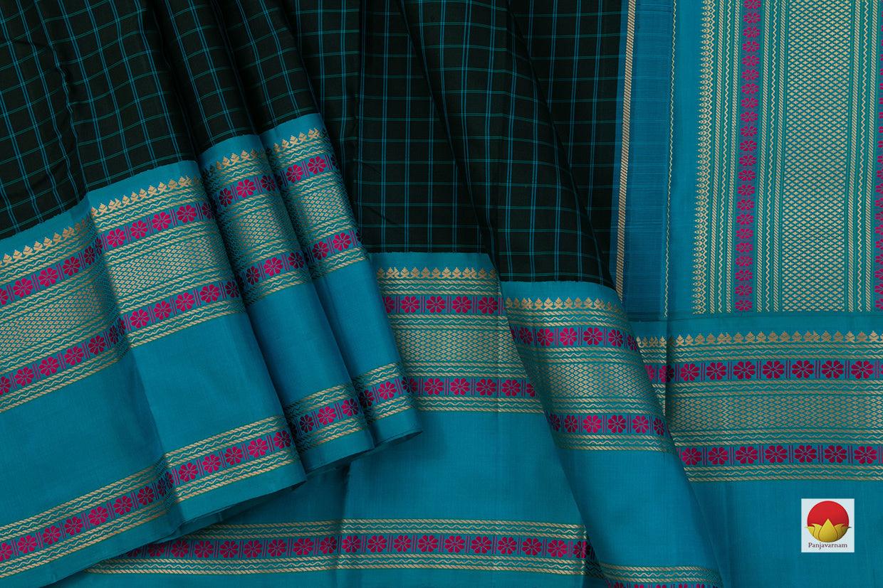 Black And Ananda Blue Kanchipuram Silk Saree Handwoven Pure Silk No Zari For Office Wear PV RM NZ 430 - Silk Sari - Panjavarnam PV RM NZ 430