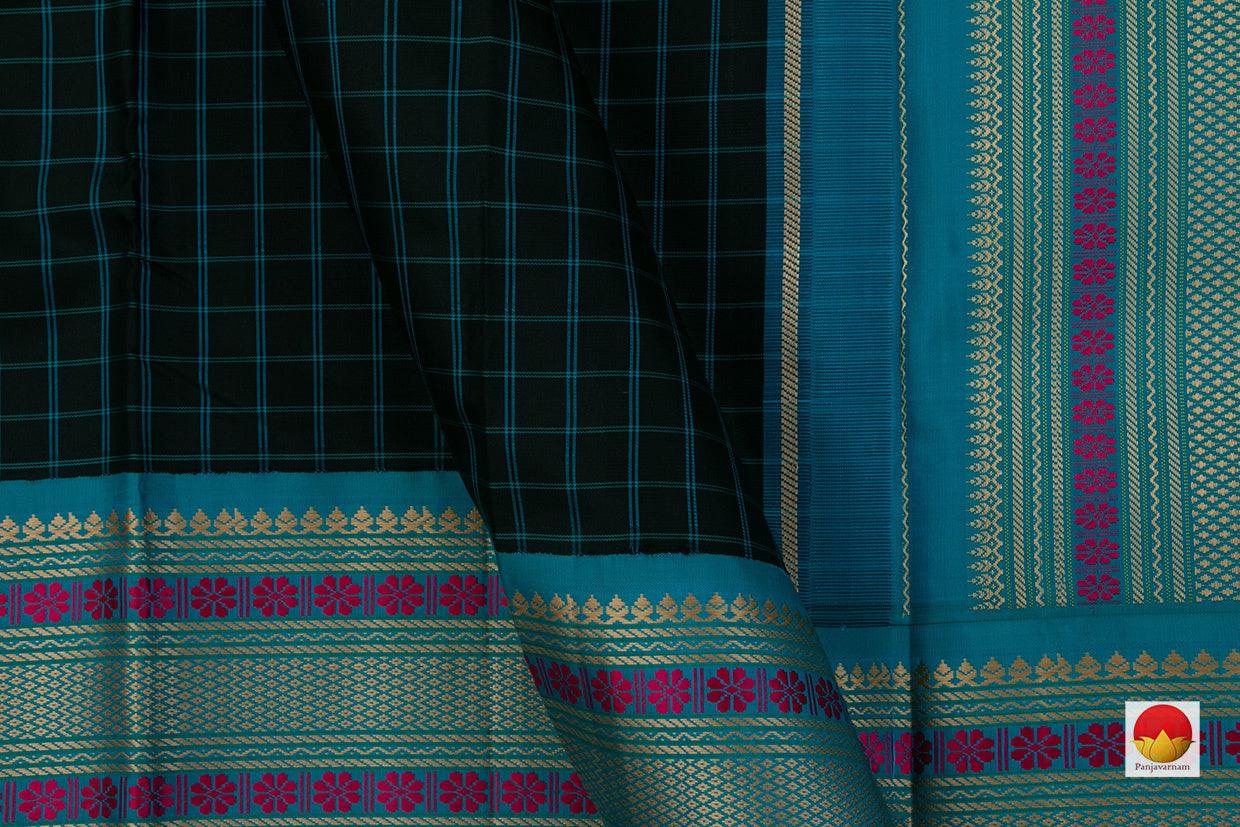 Black And Ananda Blue Kanchipuram Silk Saree Handwoven Pure Silk No Zari For Office Wear PV RM NZ 430 - Silk Sari - Panjavarnam PV RM NZ 430