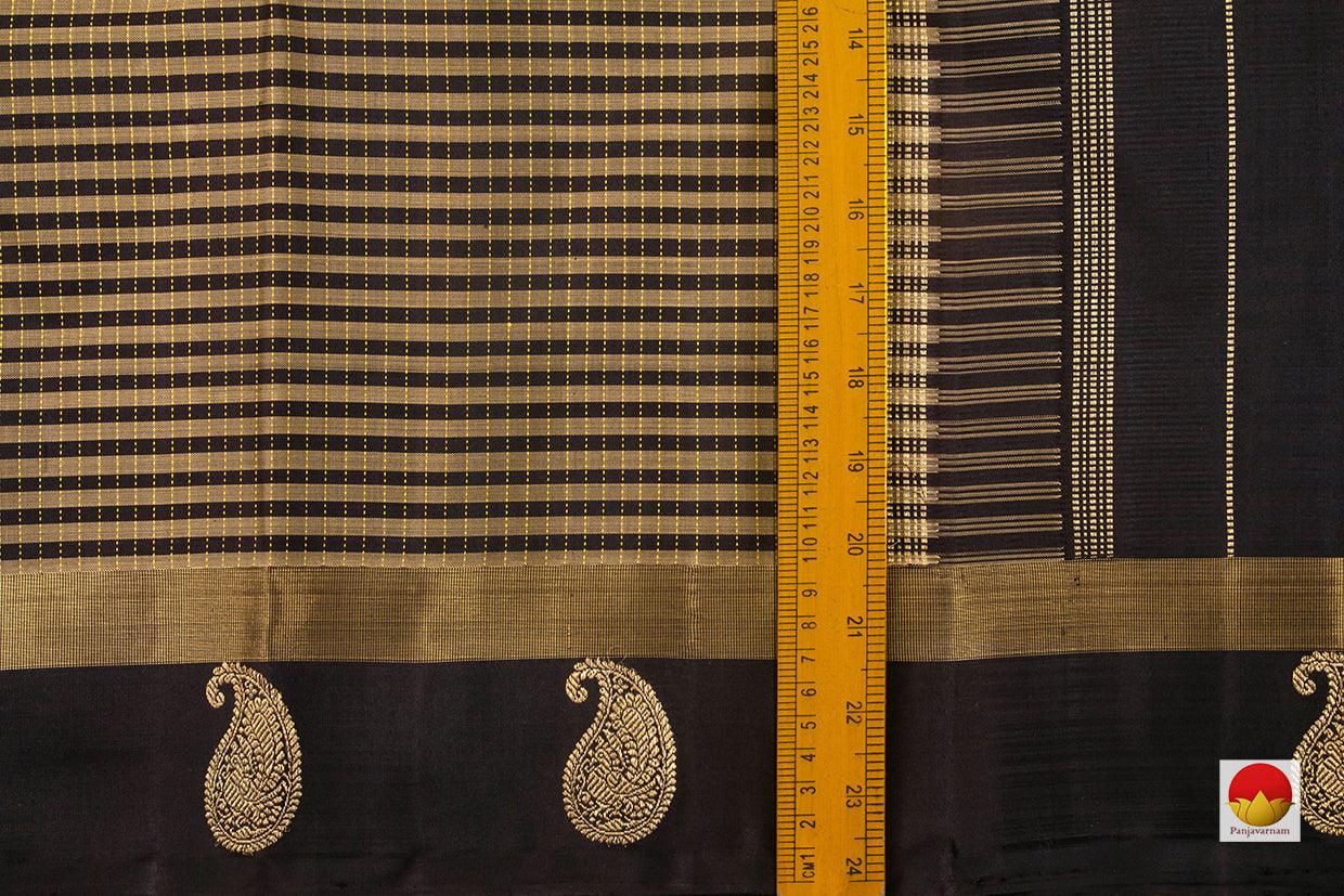 Black And Beige Checks Kanchipuram Silk Saree Handwoven Pure Silk Pure Zari For Office Wear PV GTA 44 - Silk Sari - Panjavarnam
