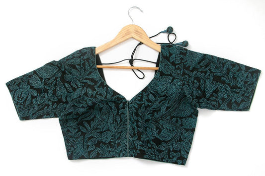 Black And Blue Kanthha Work Readymade Blouse PV BL 144 - Blouse - Panjavarnam PV BL 144