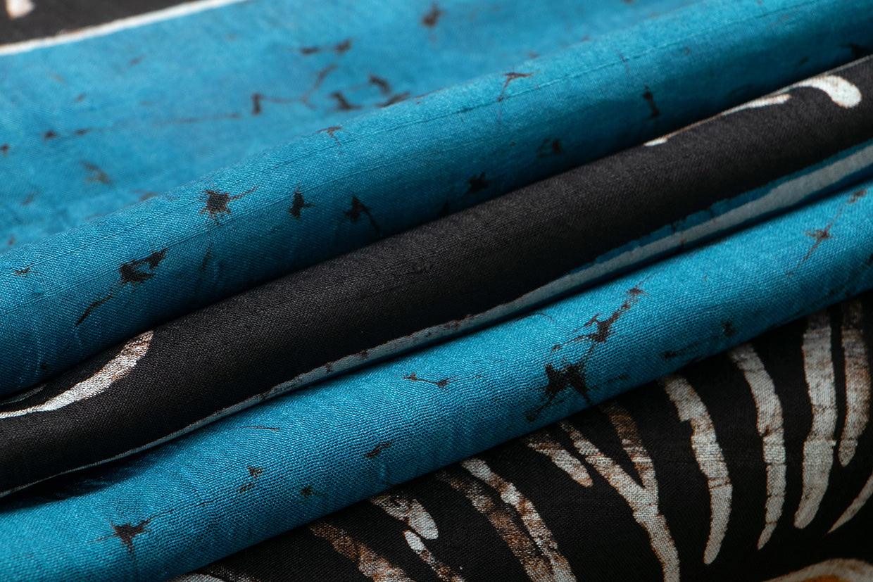 Black And Blue Lightweight Batik Silk Saree Handwoven Pure Silk For Office Wear PB 330 - Batik Silk - Panjavarnam