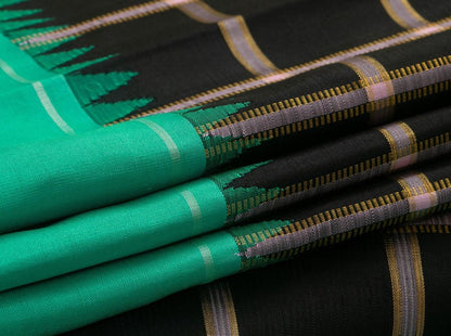 Black And Green Kanchipuram Silk Saree Handwoven Pure Silk Pure Zari For Party Wear PV NYC 683 - Silk Sari - Panjavarnam