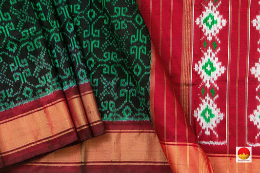 Black And Green Pochampally Silk Saree With Maroon Border Ikat Handwoven Pure Silk For Office Wear PIK 328 - Pochampally Silk - Panjavarnam