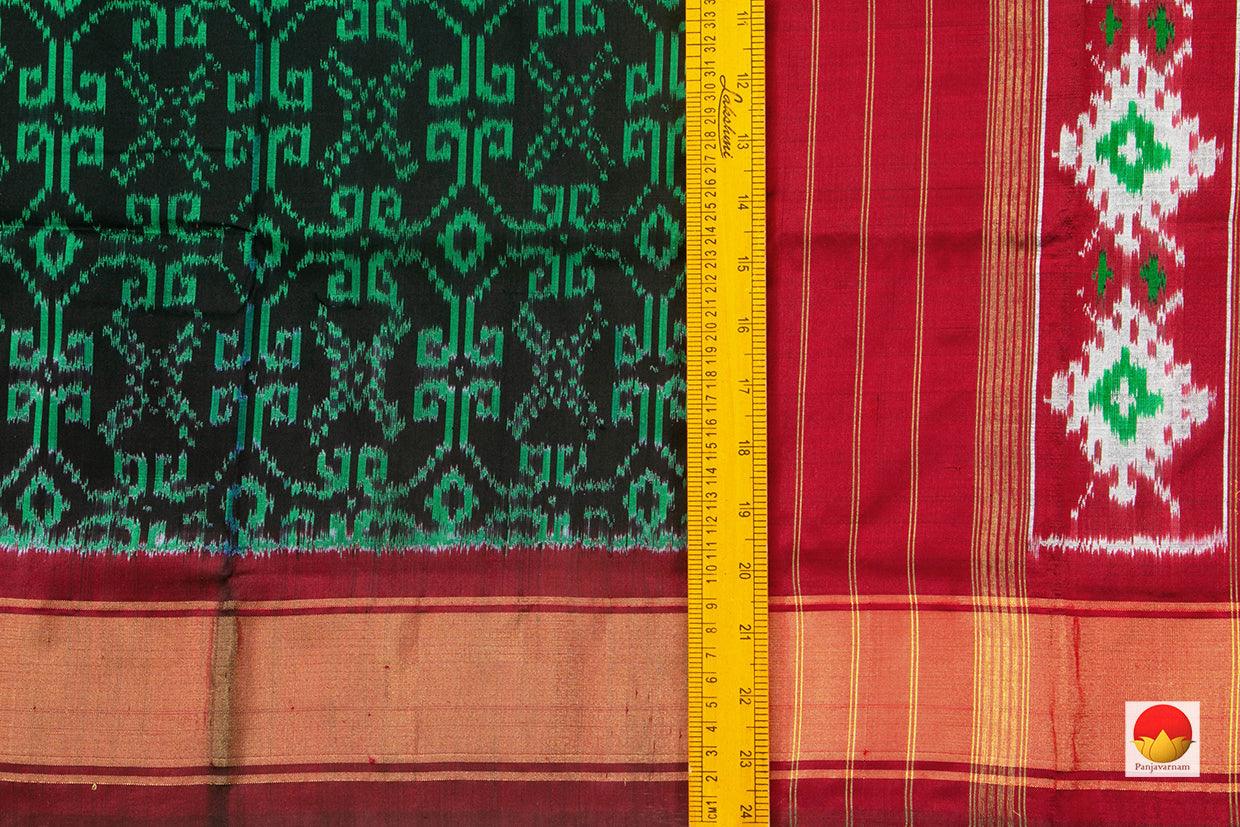 Black And Green Pochampally Silk Saree With Maroon Border Ikat Handwoven Pure Silk For Office Wear PIK 328 - Pochampally Silk - Panjavarnam