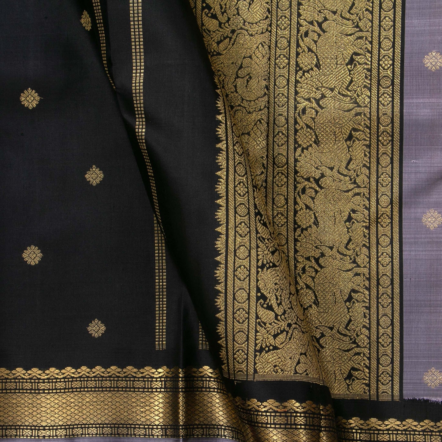 Black And Lilac Kanchipuram Silk Saree With Small Border Handwoven Pure Silk For Festive Wear PV NYC 1203 - Silk Sari - Panjavarnam PV NYC 1203